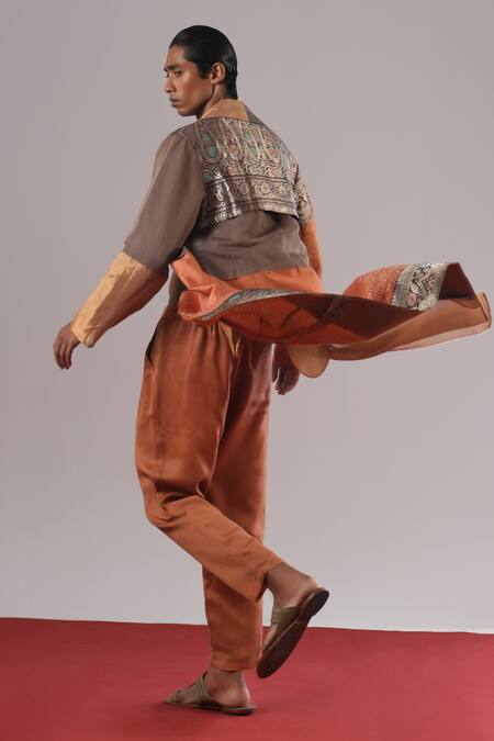 Urvashi Kaur_Orange Silk Duro Stripe Handwoven Pant _Online_at_Aza_Fashions
