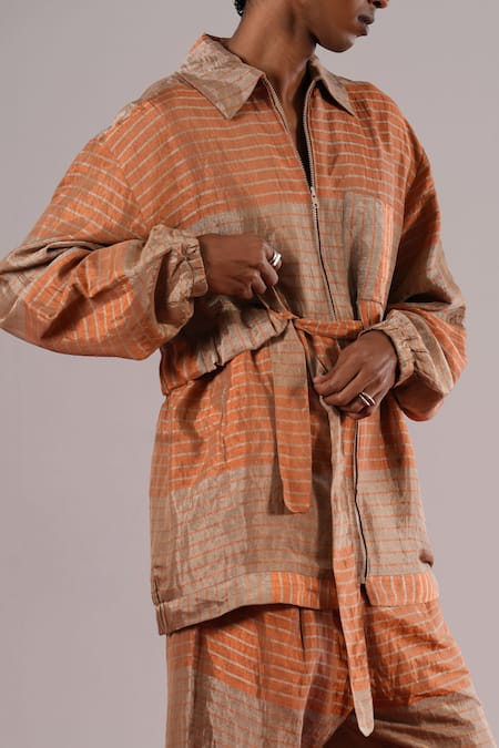 Urvashi Kaur_Orange Tissue, Silk Qua Handwoven Bomber Jacket _Online_at_Aza_Fashions