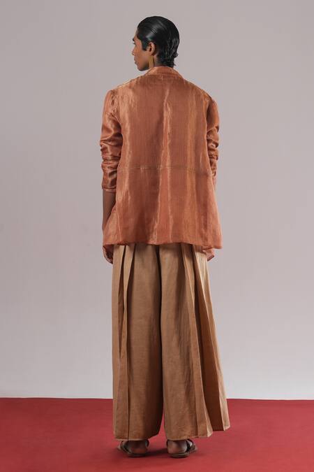 Buy_Urvashi Kaur_Beige Ramie, Linen Mascon Pleated Wide-legged Trousers _Online_at_Aza_Fashions