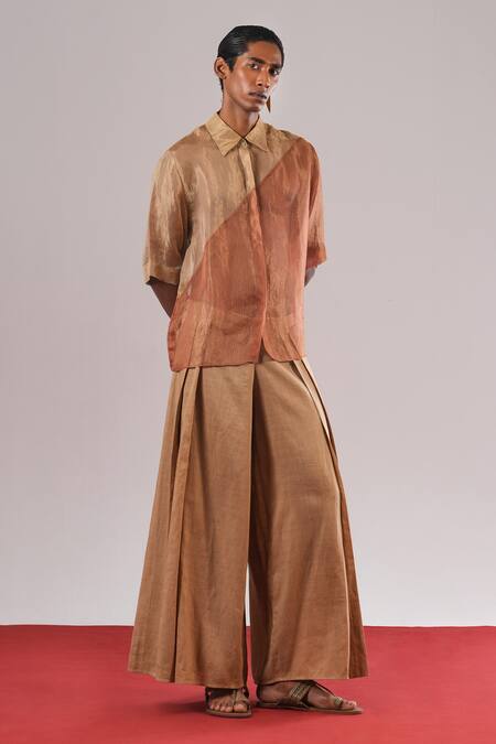 Shop_Urvashi Kaur_Beige Ramie, Linen Mascon Pleated Wide-legged Trousers _Online_at_Aza_Fashions
