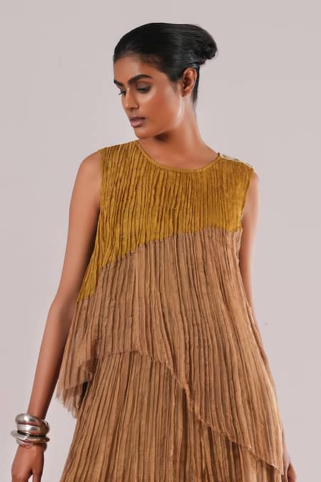 Shop_Urvashi Kaur_Green Silk Round Neck Kawa Knife Pleated Layered Dress _Online_at_Aza_Fashions