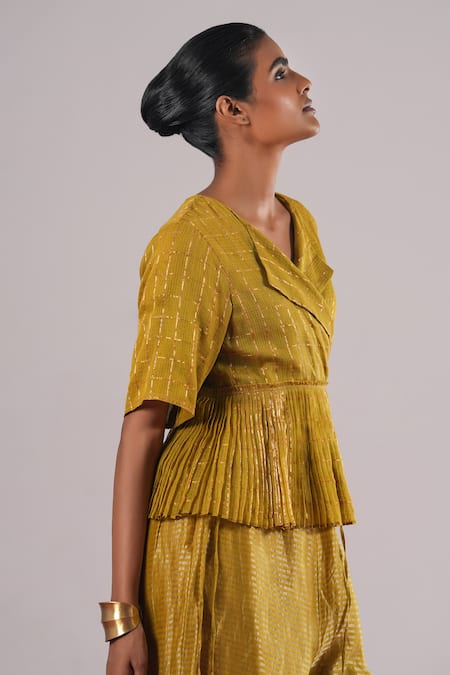 Urvashi Kaur_Green Kota Doria Embroidery, Zari V-neck Core Micro Pleated Wrap Peplum Top _Online_at_Aza_Fashions
