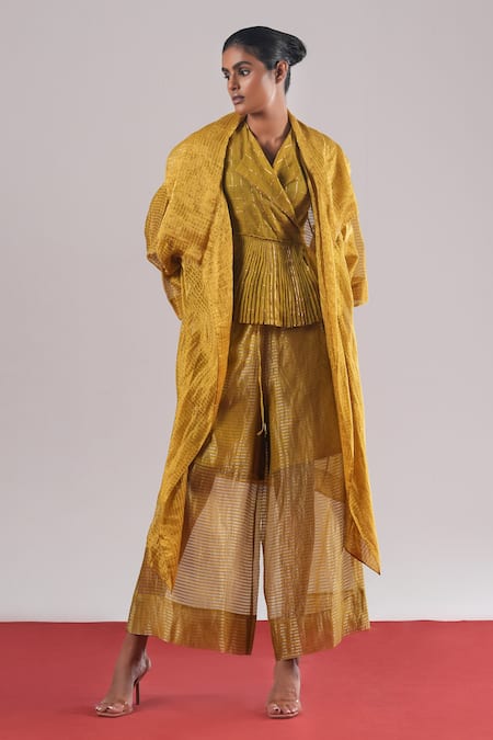 Buy_Urvashi Kaur_Green Kota Doria Embroidery, Zari V-neck Core Micro Pleated Wrap Peplum Top _Online_at_Aza_Fashions