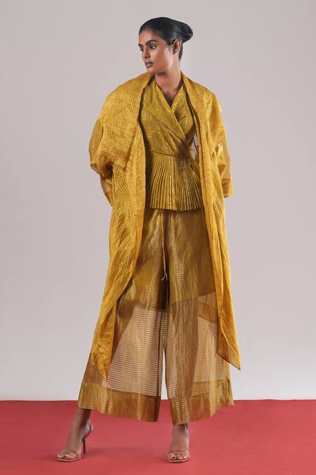 Urvashi Kaur_Green Tissue, Silk Rei Striped Wide Leg Palazzo _Online_at_Aza_Fashions