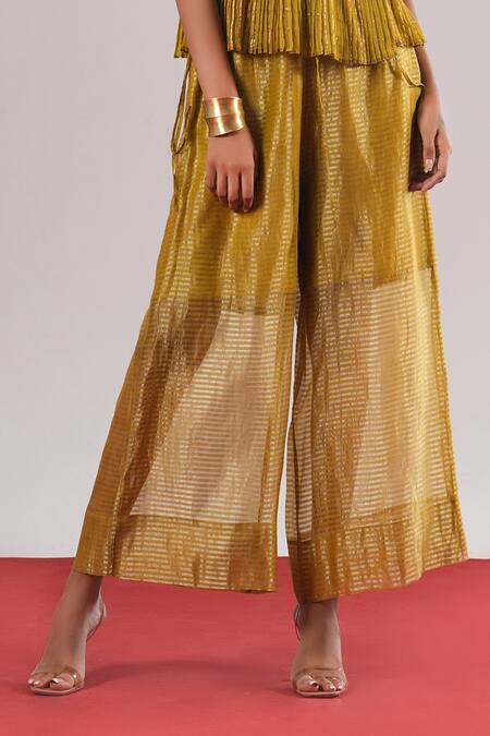 Buy_Urvashi Kaur_Green Tissue, Silk Rei Striped Wide Leg Palazzo _Online_at_Aza_Fashions