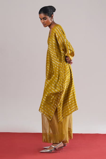 Urvashi Kaur_Green Tussar, Brocade, Silk V-neck Sora Shibori Pattern A-line Dress _Online_at_Aza_Fashions