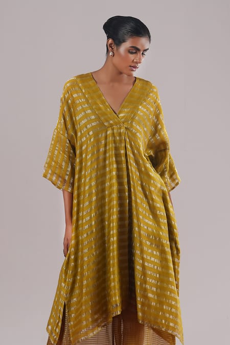 Buy_Urvashi Kaur_Green Tussar, Brocade, Silk V-neck Sora Shibori Pattern A-line Dress _Online_at_Aza_Fashions