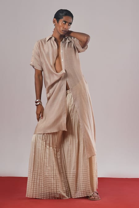 Buy_Urvashi Kaur_Off White Chanderi Silk Embroidery Echo Pleated Palazzo 