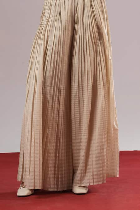 Shop_Urvashi Kaur_Off White Chanderi Silk Embroidery Echo Pleated Palazzo 