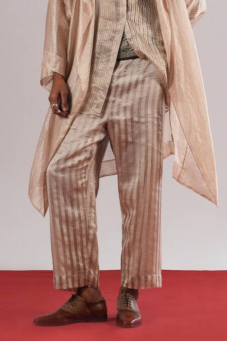 Urvashi Kaur_Silver Kota Doria, Silk Ora Striped Woven Trousers _Online_at_Aza_Fashions