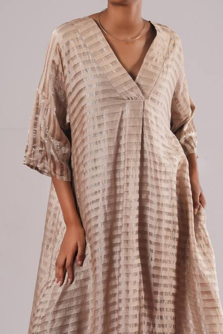 Urvashi Kaur_Grey Chanderi Silk V-neck Sora Zari Shibori A-line Dress _Online_at_Aza_Fashions