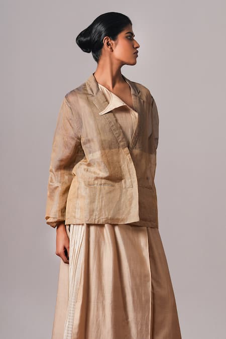 Urvashi Kaur_Silver Chanderi Silk Zari V-neck Mira Hand Block Printed Tunic _Online_at_Aza_Fashions