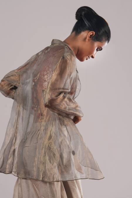 Urvashi Kaur_Grey Kota Doria, Silk Zari Dash Handwoven Blazer _Online_at_Aza_Fashions