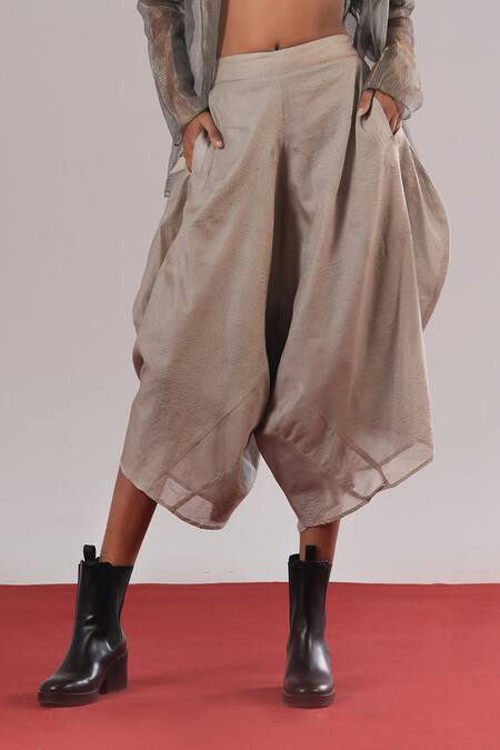 Urvashi Kaur_Silver Tissue, Silk Denote Striped Woven Draped Pant _Online_at_Aza_Fashions