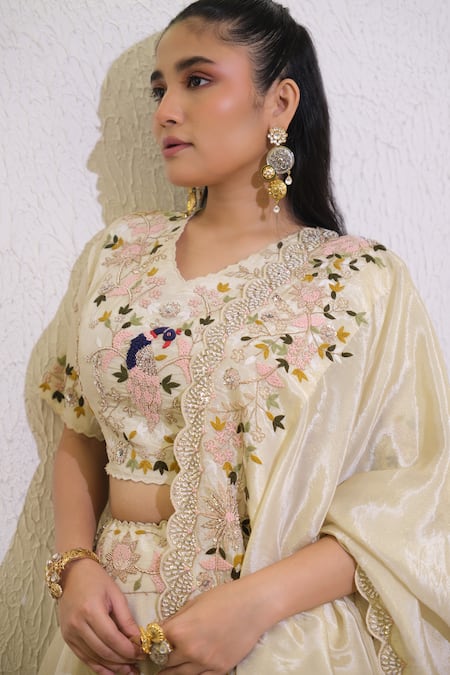 Buy_Label Deepshika Agarwal_Ivory Tissue Embroidery V-neck Hand Lehenga Set _Online_at_Aza_Fashions