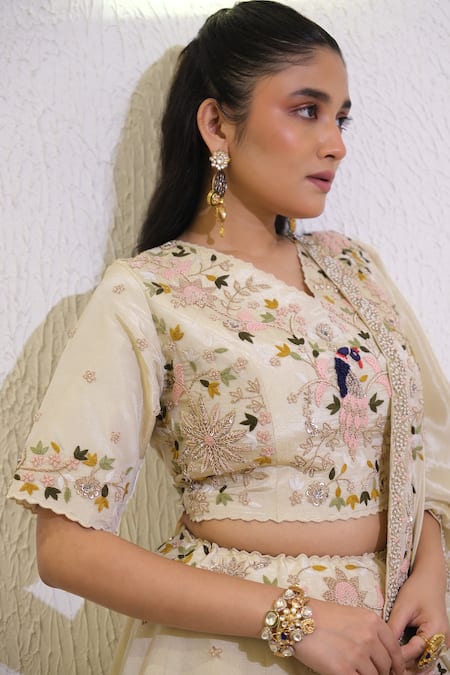 Label Deepshika Agarwal_Ivory Tissue Embroidery V-neck Hand Lehenga Set _at_Aza_Fashions