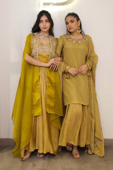 Buy_Label Deepshika Agarwal_Yellow Organza, Satin Embroidery, Zari V-, Open Hand Cape Skirt Set _Online_at_Aza_Fashions
