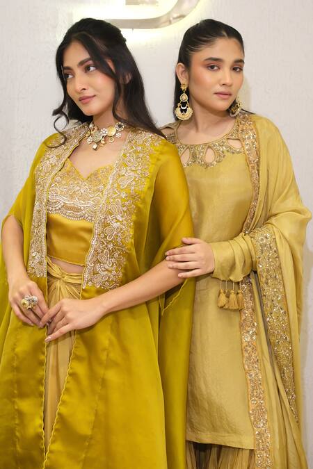 Label Deepshika Agarwal_Yellow Organza, Satin Embroidery, Zari V-, Open Hand Cape Skirt Set _at_Aza_Fashions