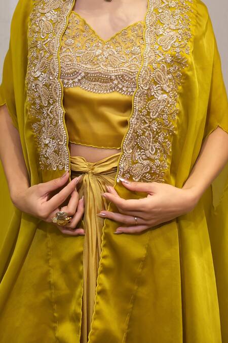 Buy_Label Deepshika Agarwal_Yellow Organza, Satin Embroidery, Zari V-, Open Hand Cape Skirt Set 