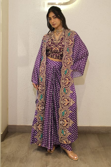 Label Deepshika Agarwal Purple Silk Embroidery, Zari Open Neck, Hand Cape Skirt Set Online at Aza Fashions Label Deepshika Agarwal_Purple Silk Embroidery, Zari Open Neck, Hand Cape Skirt Set _Online_at_Aza_Fashions