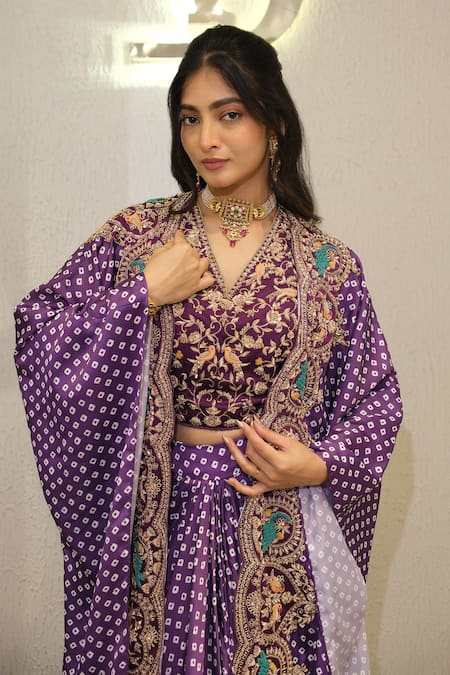 Label Deepshika Agarwal Purple Silk Embroidery, Zari Open Neck, Hand Cape Skirt Set at Aza Fashions Label Deepshika Agarwal_Purple Silk Embroidery, Zari Open Neck, Hand Cape Skirt Set _at_Aza_Fashions