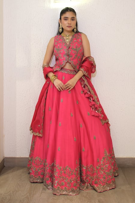 Label Deepshika Agarwal_Pink Bemberg, Silk Embroidery, Sequins, Metallic Hand Koti Blouse Lehenga Set _Online_at_Aza_Fashions