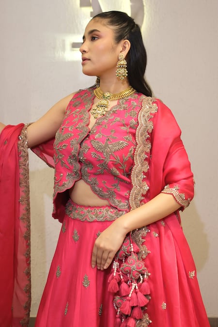 Buy_Label Deepshika Agarwal_Pink Bemberg, Silk Embroidery, Sequins, Metallic Hand Koti Blouse Lehenga Set 