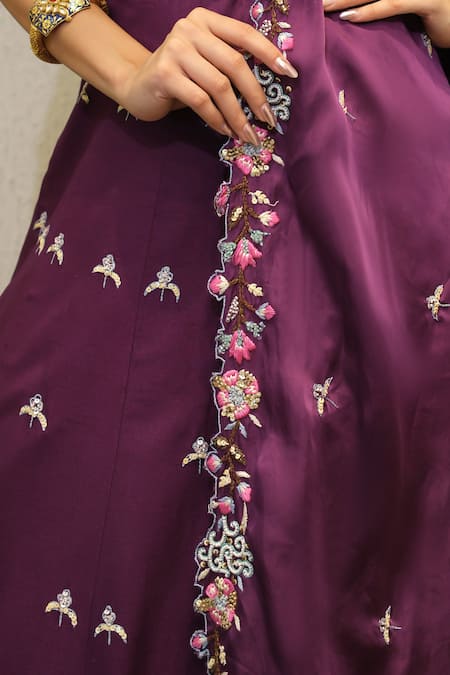 Label Deepshika Agarwal_Purple Silk Embroidery Scoop Neck Hand Cutwork Lehenga Set _Online_at_Aza_Fashions