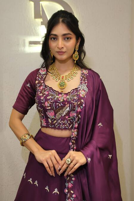Buy_Label Deepshika Agarwal_Purple Silk Embroidery Scoop Neck Hand Cutwork Lehenga Set _Online_at_Aza_Fashions