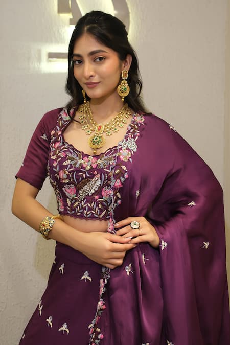 Shop_Label Deepshika Agarwal_Purple Silk Embroidery Scoop Neck Hand Cutwork Lehenga Set _Online_at_Aza_Fashions
