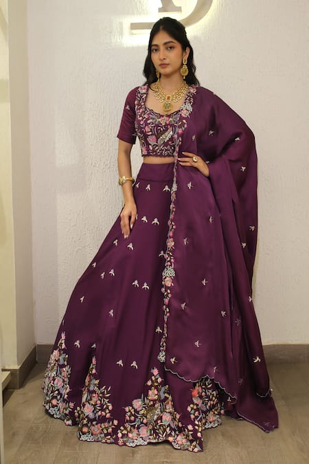 Label Deepshika Agarwal_Purple Silk Embroidery Scoop Neck Hand Cutwork Lehenga Set _at_Aza_Fashions