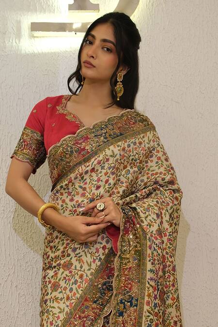 Label Deepshika Agarwal_Cream Silk Zari, Embroidery Round Neck Zardozi Hand Saree With Blouse _Online_at_Aza_Fashions