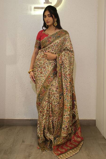 Buy_Label Deepshika Agarwal_Cream Silk Zari, Embroidery Round Neck Zardozi Hand Saree With Blouse _Online_at_Aza_Fashions