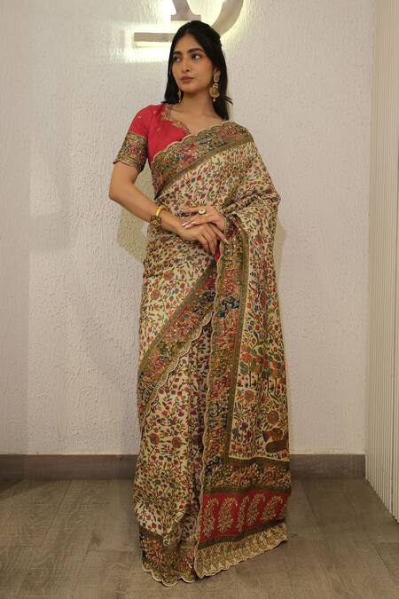 Shop_Label Deepshika Agarwal_Cream Silk Zari, Embroidery Round Neck Zardozi Hand Saree With Blouse _Online_at_Aza_Fashions