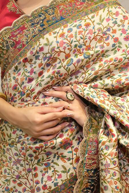 Label Deepshika Agarwal_Cream Silk Zari, Embroidery Round Neck Zardozi Hand Saree With Blouse _at_Aza_Fashions