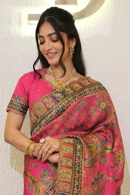 Buy_Label Deepshika Agarwal_Pink Silk Embroidery Round Neck Scallop Border Saree With Blouse _Online_at_Aza_Fashions