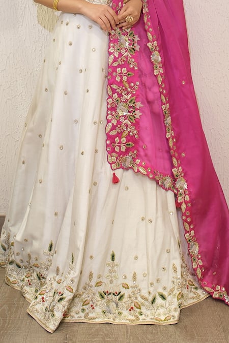 Label Deepshika Agarwal_Pink Silk Embroidery, Zari, Sequins V-neck Hand Lehenga Set _Online_at_Aza_Fashions