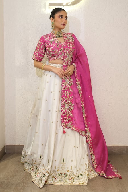 Label Deepshika Agarwal_Pink Silk Embroidery, Zari, Sequins V-neck Hand Lehenga Set _at_Aza_Fashions