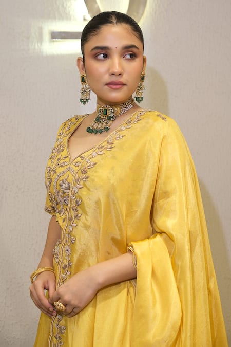 Shop_Label Deepshika Agarwal_Yellow Tissue Zari, Embroidery V-neck Zardosi Hand Lehenga Set _Online_at_Aza_Fashions