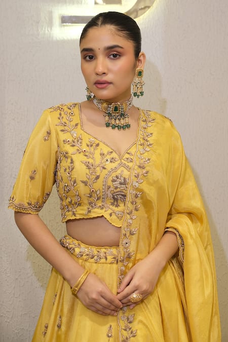 Label Deepshika Agarwal_Yellow Tissue Zari, Embroidery V-neck Zardosi Hand Lehenga Set _at_Aza_Fashions