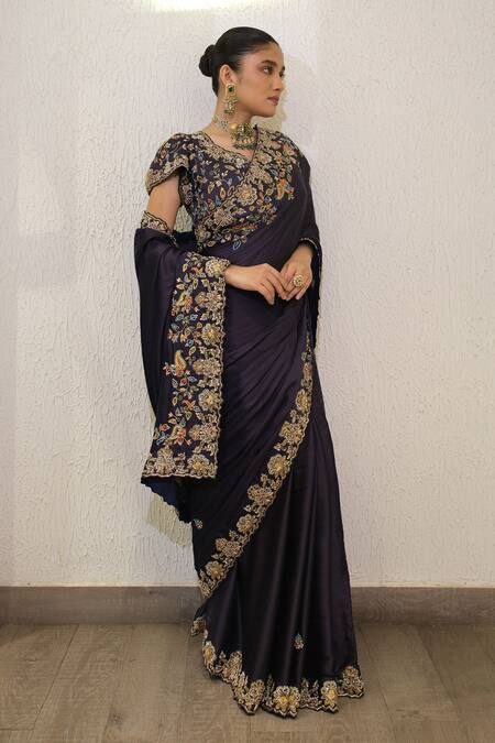 Label Deepshika Agarwal_Navy Modal, Satin Zari, Embroidery V-neck Zardozi Hand Saree And Blouse _Online_at_Aza_Fashions