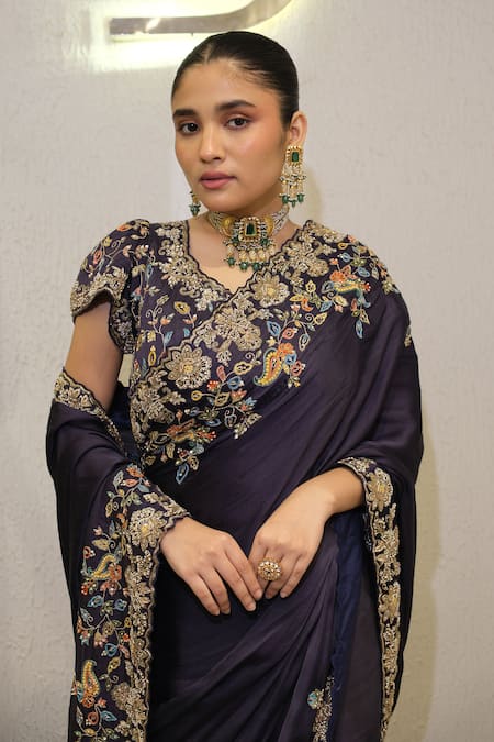 Buy_Label Deepshika Agarwal_Navy Modal, Satin Zari, Embroidery V-neck Zardozi Hand Saree And Blouse _Online_at_Aza_Fashions