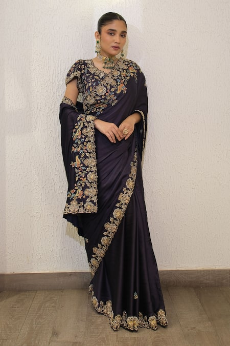 Shop_Label Deepshika Agarwal_Navy Modal, Satin Zari, Embroidery V-neck Zardozi Hand Saree And Blouse _Online_at_Aza_Fashions
