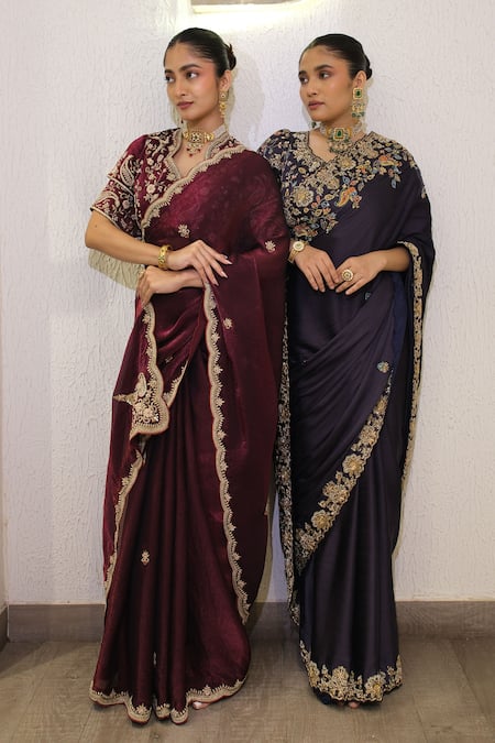 Label Deepshika Agarwal_Navy Modal, Satin Zari, Embroidery V-neck Zardozi Hand Saree And Blouse _at_Aza_Fashions