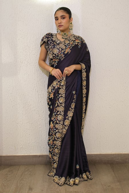 Label Deepshika Agarwal Zardozi Hand Embroidered Modal Satin Saree & Blouse 