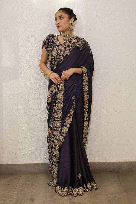 Buy_Label Deepshika Agarwal_Navy Modal, Satin Zari, Embroidery V-neck Zardozi Hand Saree And Blouse 