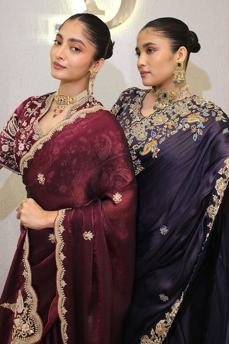 Shop_Label Deepshika Agarwal_Navy Modal, Satin Zari, Embroidery V-neck Zardozi Hand Saree And Blouse 