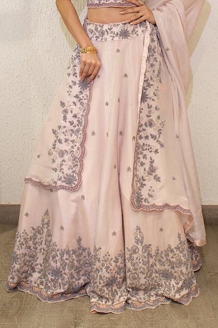 Label Deepshika Agarwal Pink Tissue Embroidery Sweetheart Neck Floral Hand Lehenga Set Online at Aza Fashions Label Deepshika Agarwal_Pink Tissue Embroidery Sweetheart Neck Floral Hand Lehenga Set _Online_at_Aza_Fashions