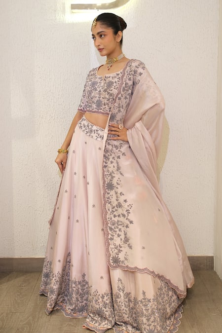 Label Deepshika Agarwal_Pink Tissue Embroidery Sweetheart Neck Floral Hand Lehenga Set _at_Aza_Fashions