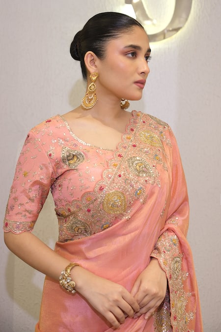 Buy_Label Deepshika Agarwal_Peach Tissue Embroidery, Zari Sweetheart Neck Hand Saree With Blouse _Online_at_Aza_Fashions